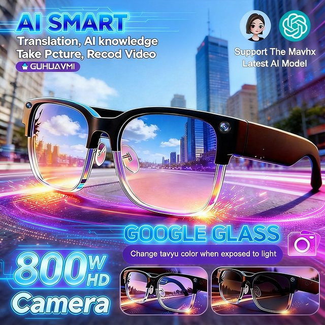 GUHUAVMI KI-Smart-Brille mit 800W HD-Kamera, Videoaufnahme, Fotoerkennung, Übersetzungsfunktion und Anruffunktion, wasserdichte Sonnenbrille in Schwarz - Bild 1