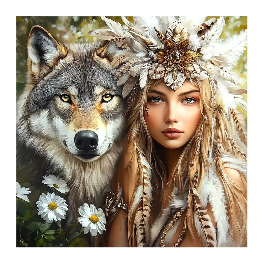 EverShine 5D Diamant-Stickerei-Set Wolf und Frau mit Federn im Boho-Stil, Multicolour, B/H: 20 x 20 cm - Bild 4
