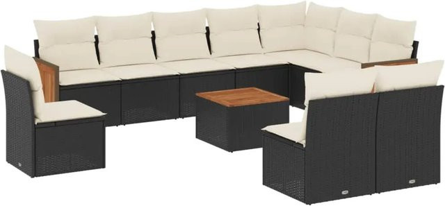 vidaXL 11-tlg. Garten-Sofagarnitur in U-Form aus Polyrattan mit Kissen in Schwarz-Creme - Bild 1