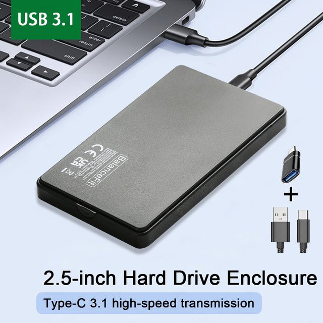 Congdi SSD-Gehäuse 2,5 Zoll SATA auf USB-C 3.1 Gen 2 HDD-Außengehäuse, Schwarz, Transparent - Bild 1