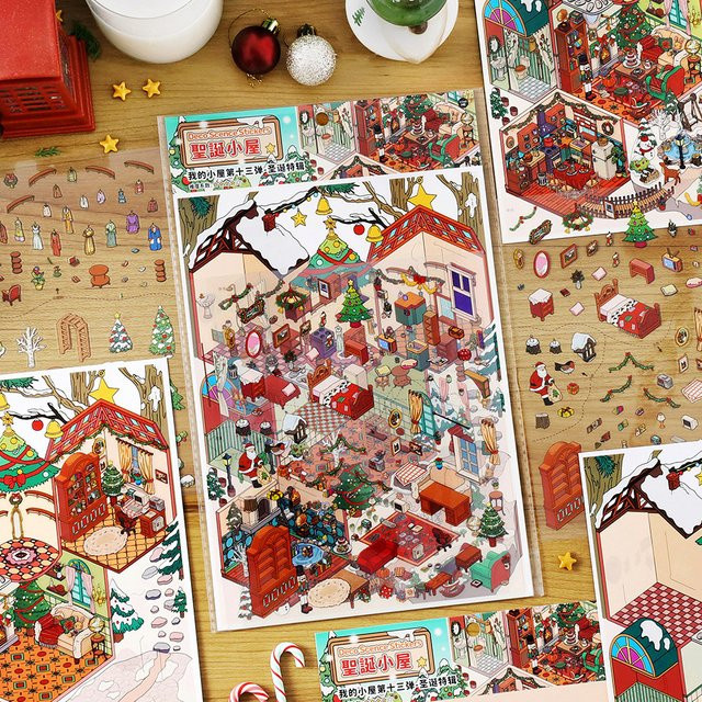 My Cabin 13. Serie Weihnachten Spezial Landschaftsaufkleber 2,5D Ästhetische Briefpapieraufkleber, 4 Stück, Multicolour - Bild 1