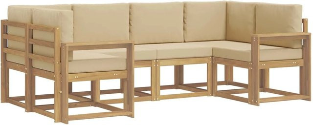 vidaXL Outdoor-Sofagarnitur in L-Form aus Akazienholz mit Kissen, Weiß und Beige - Bild 1
