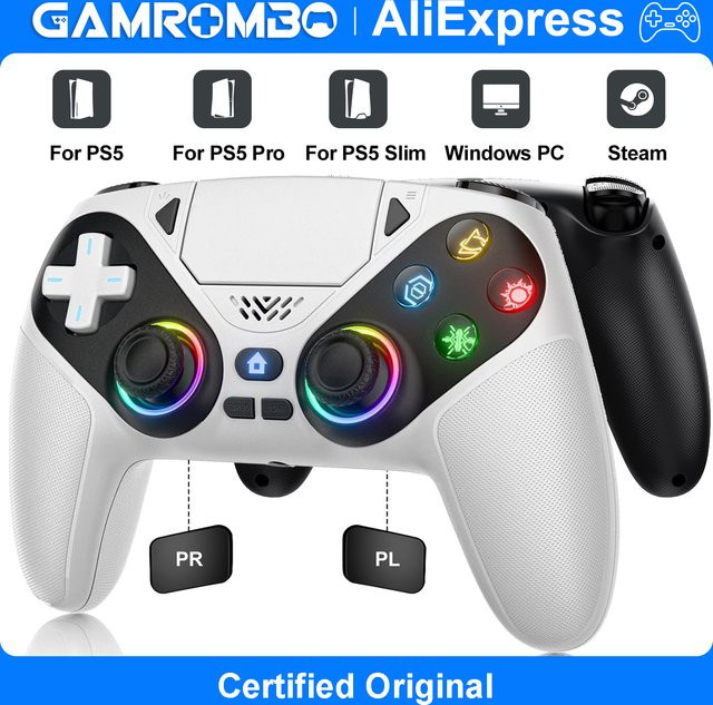 GAMROMBO Kabelloses Gamepad mit Hall-Effekt RGB Joystick für PlayStation 5 PS5 Pro Slim und PC, Bluetooth Controller mit Turbo und Programmierbaren Funktionen, Multicolor/Rot/Weiß - Bild 1