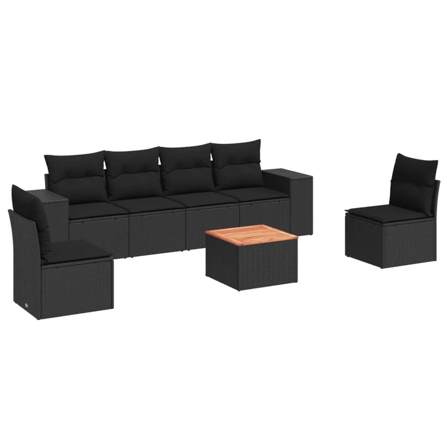 vidaXL 7-tlg Garten-Sofagarnitur aus Poly-Rattan und Akazienholz in Schwarz mit Kissen - Bild 2