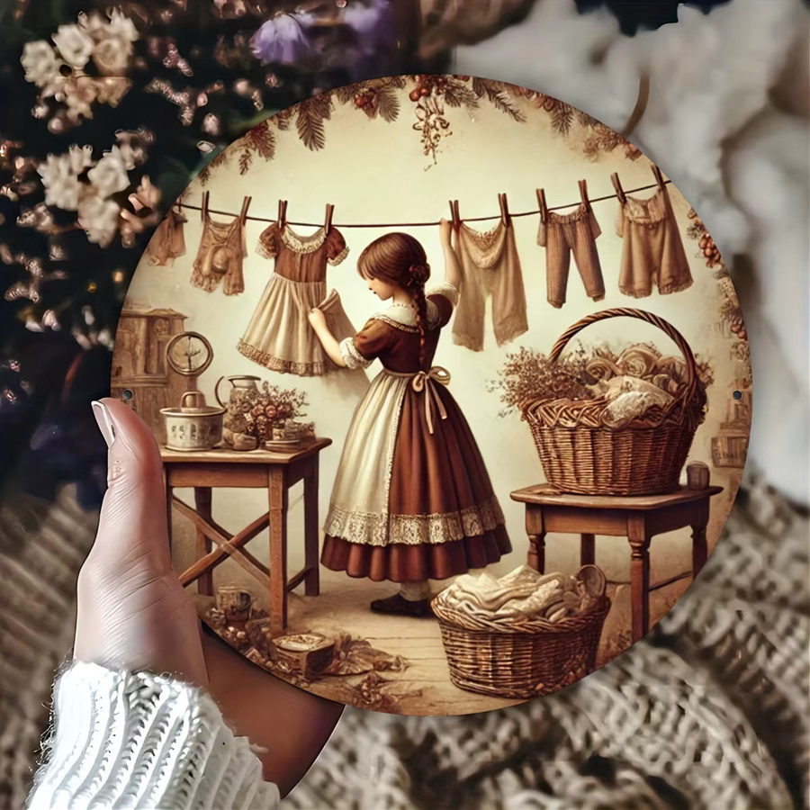 Rundes Metallschild Potdemiel Vintage Wäschezimmer Wandkunst für Zuhause und Café, Durchmesser: 20,32 cm, Mehrfarbig - Bild 4