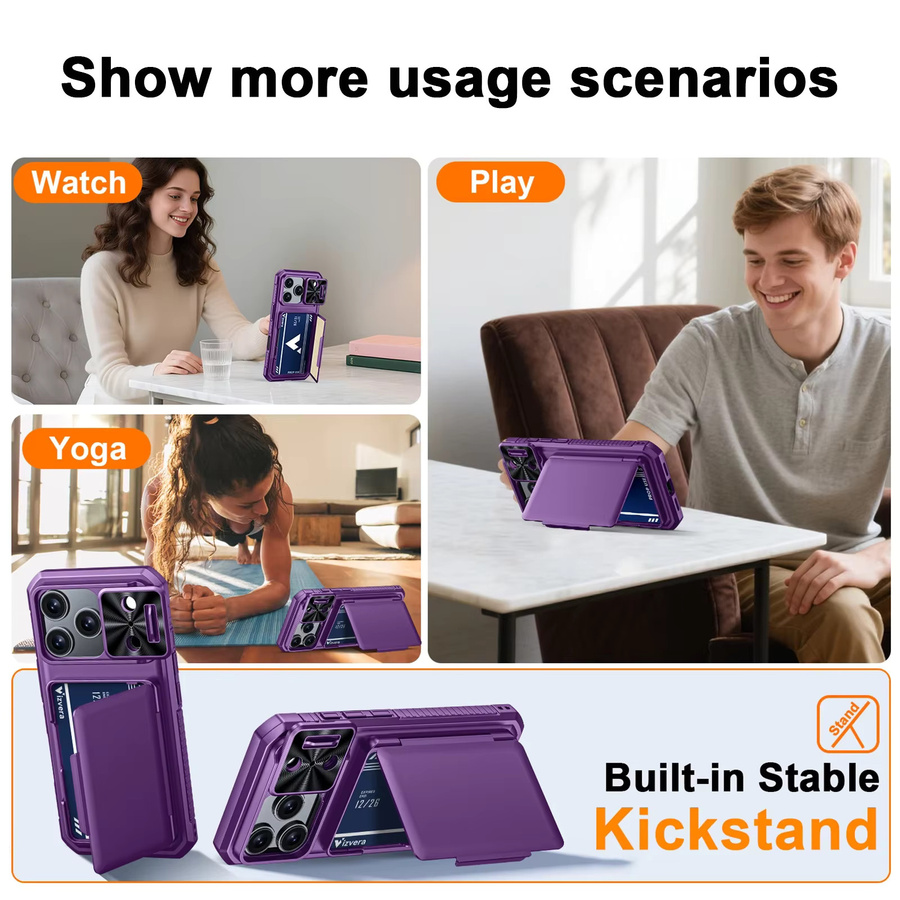 BANGZAO Wallet Case für iPhone 17 Pro mit Kartenhalter, Schiebe-Kameraabdeckung und Standfunktion in Lila - Bild 6