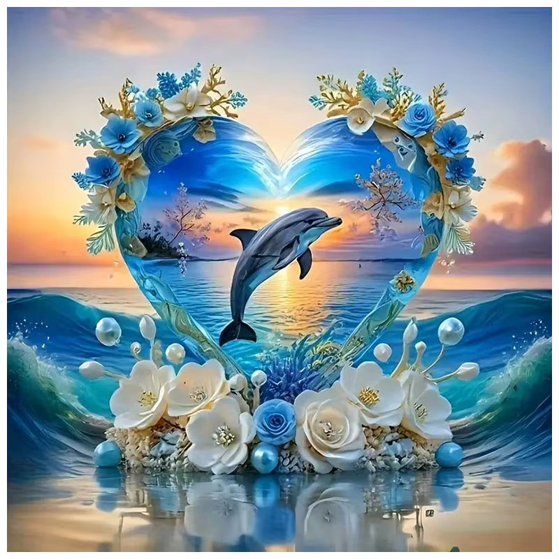 HUACAN Diamant-Mosaik Set Delfin im Meer bei Sonnenuntergang, rundes Diamant-Malerei-Set mit Strasssteinen, Durchmesser: 20 cm - Bild 4