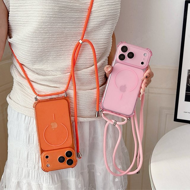 lolozzx MagSafe Soft Armor Handyhülle mit Lanyard für iPhone 11 bis 17 Pro Max, durchscheinend, Pink oder Orange - Bild 1