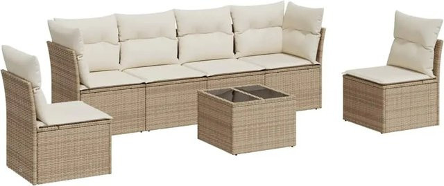 vidaXL 7-teilige Garten-Sofagarnitur aus Poly-Rattan mit Kissen in Beige-creme - Bild 1