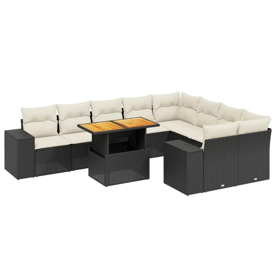 vidaXL 10-tlg. Garten-Sofagarnitur in L-Form aus Poly-Rattan und Akazienholz mit Kissen in Schwarz-Creme - Bild 2
