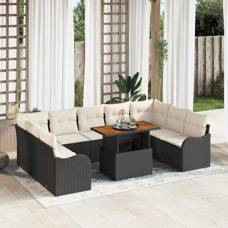 Vidaxl Polyrattan Garten-Sofa-Set aus 10 Teilen in Schwarz und Creme, modernes modulares Loungemöbel-Set mit abnehmbaren Bezügen, B/T/H: 100 x 55 x 73 cm - Bild 1
