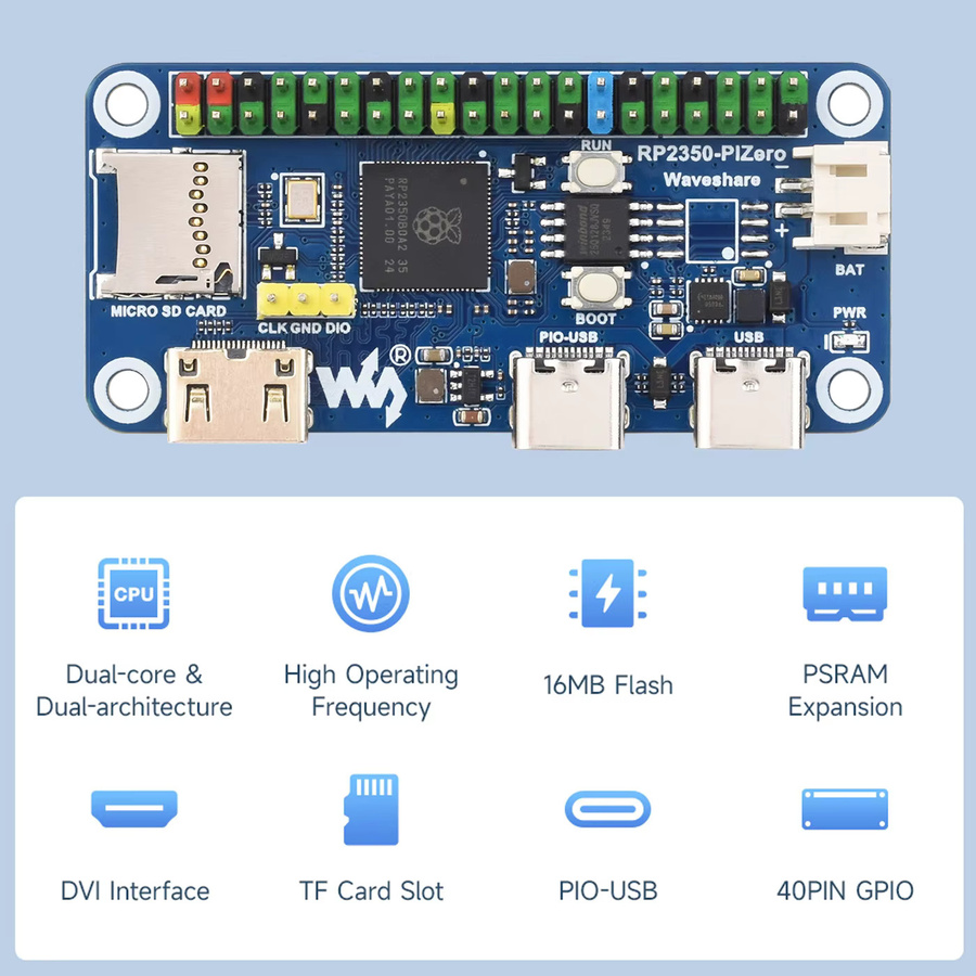 Waveshare RP2350-PiZero Entwicklungsboard Raspberry Pi Pico 2 Basis mit RP2350B, 16M Flash, DVI und PIO-USB-Schnittstelle in Blau - Bild 2