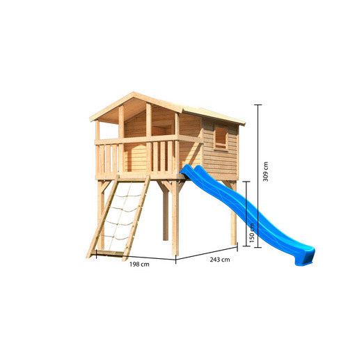 Karibu Stelzenhaus Benjamin Naturbelassen mit Leiter, Netzrampe und Rutsche in Blau und Natur-Braun, B/H/T: 225 x 309 x 250 cm - Bild 3