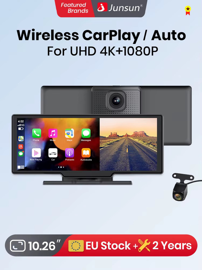 Junsun 4K Dashcam mit 10,26 Zoll IPS-Touchscreen, kabelloses Apple CarPlay und Android Auto, GPS-Navigation, Dual-Objektiv-Rückfahrkamera und Bluetooth, Schwarz - Bild 6