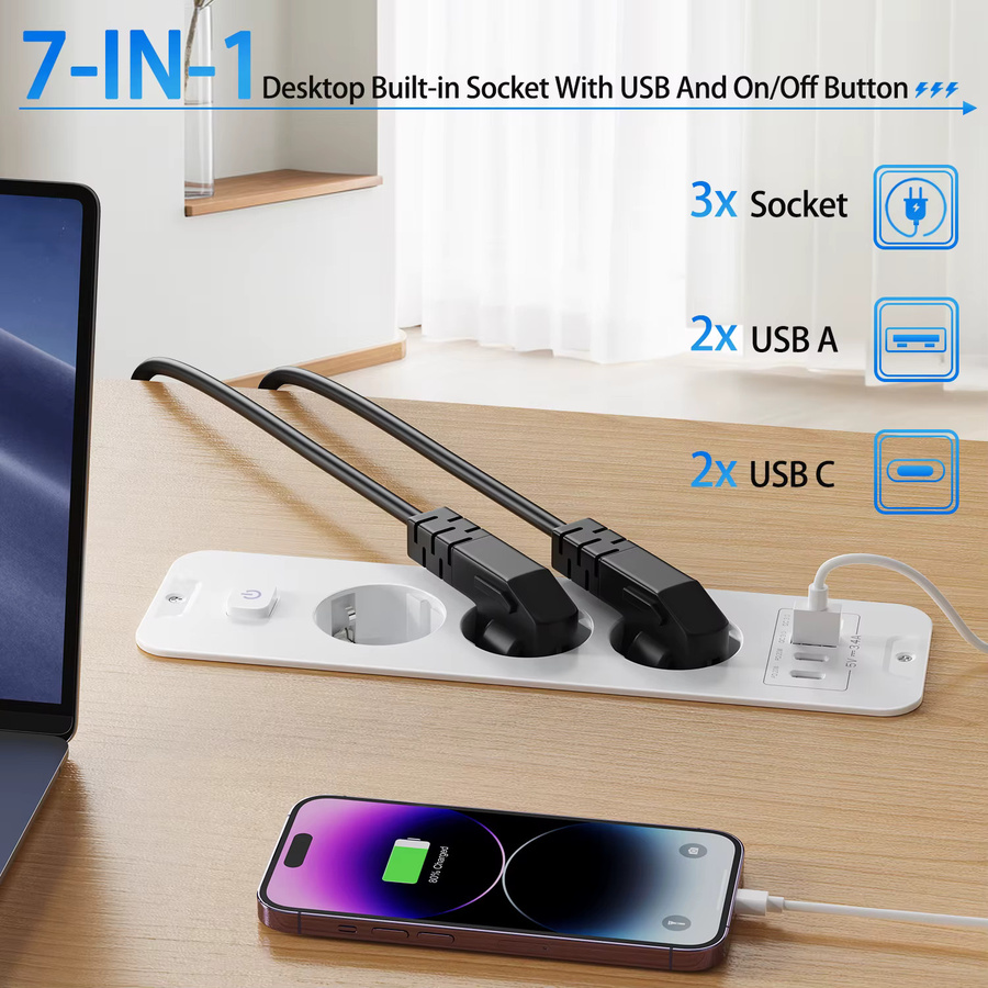 HITRENDS EU-Einbausteckdose mit 2 USB-C Schnellladegeräten und 2m Verlängerungskabel, Desktop-Einbau-Steckdosenleiste, Weiß - Bild 2