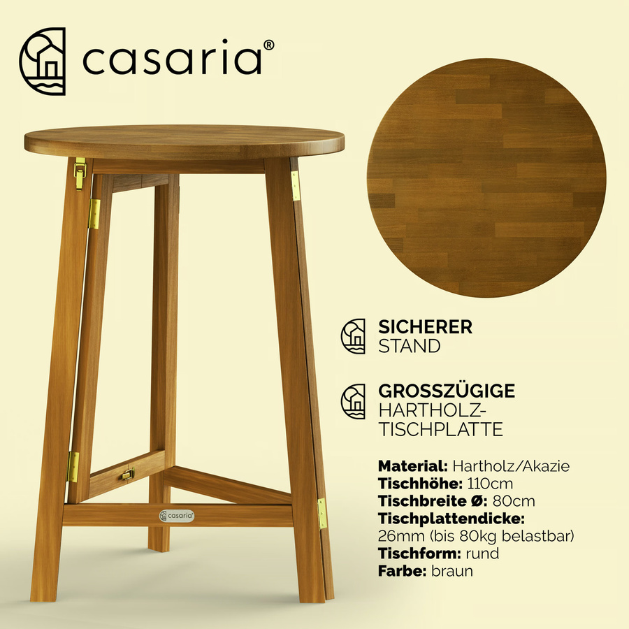CASARIA Klappbarer Stehtisch aus Akazienholz in Braun, Durchmesser: 80 cm, Höhe: 110 cm - Bild 2