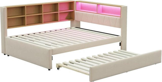 Merax Schlafsofa mit LED-Beleuchtung und USB-Anschluss, Ausziehbett in Beige, B/T/H: 140 x 200 cm - Bild 1