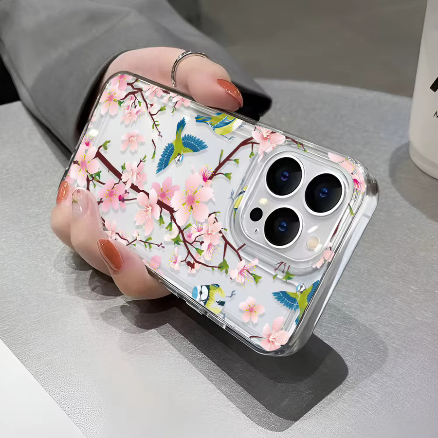 Transparente Handyhülle mit Vintage Kirschblüten- und Vogel-Print für iPhone 17 16 15 14 13 12 11 Pro Max aus TPU mit Anti-Sturz Schutz - Bild 5
