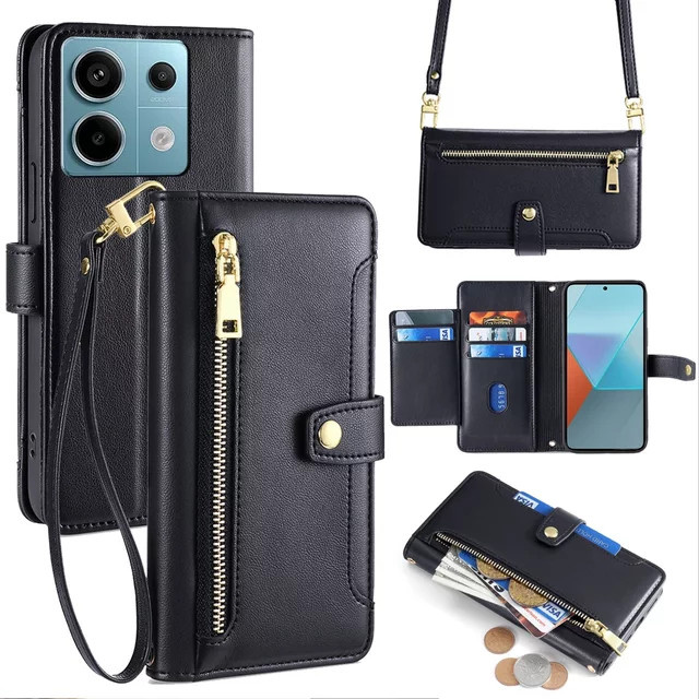 Umhängetasche für Xiaomi Redmi Note 13 13R Pro Plus 13C 5G Poco X6 M6 Pro mit Reißverschluss, Wallet Flip Case und Lanyard in Blau oder Schwarz - Bild 1