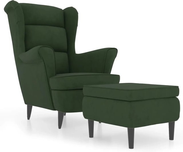 vidaXL Ohrensessel mit Hocker in Dunkelgrün aus Samt und Holzbeinen, B/T/H: 96,5 x 81,0 x 90,0 cm - Bild 1