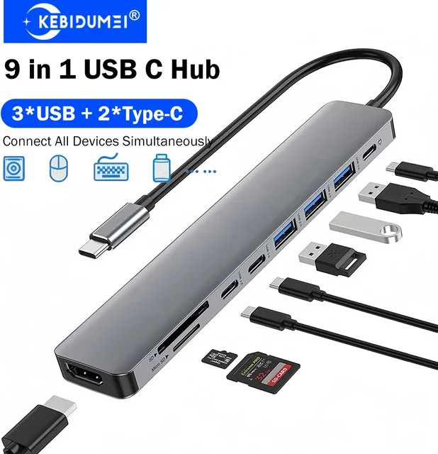 KEBIDUMEI 9-in-1 USB-C Dockingstation mit HDMI und 3 USB-Anschlüssen, Dual Typ-C Hub und OTG-Adapter in Grau - Bild 1
