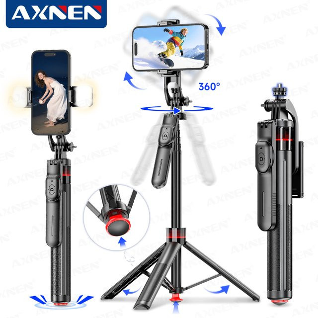 Axnen Automatischer Handyhalter mit Stativ und Selfie-Stick in Schwarz, 130 cm ausziehbar, 360 Grad drehbar mit kabelloser Fernbedienung - Bild 1