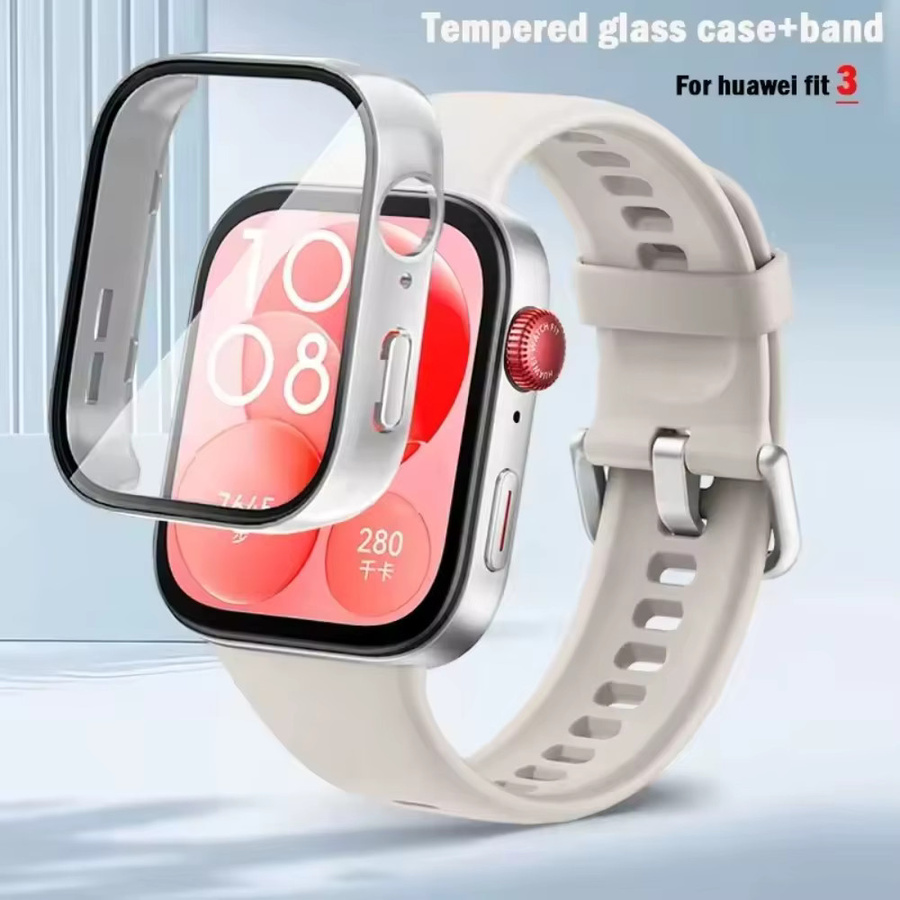 HD-Glas und Hülle für Huawei Watch Fit 3 in Transparent, Pink oder Sand – Kratzfestes und sturzsicheres Schutzset aus gehärtetem Glas - Bild 2