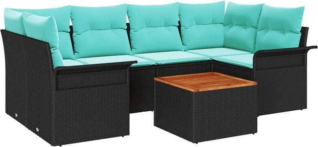 vidaXL Gartensofa-Set 7-teilig aus Poly-Rattan in Schwarz und Türkis mit Polsterung und Gartentisch - Bild 1