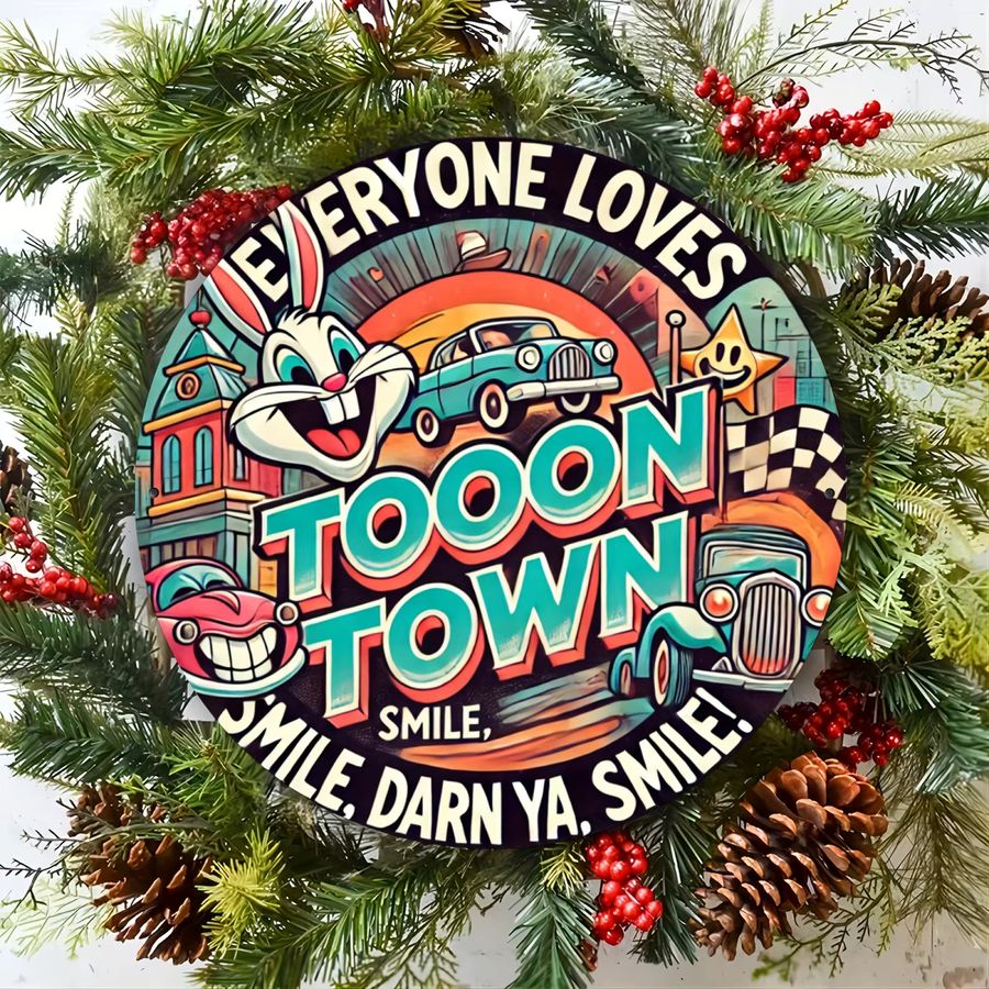 Vintage Toontown Wandkunstschild aus Aluminium von Potdemiel, rundes Metalldekor mit Retro-Autos und karierten Flaggen, Mehrfarbig, Durchmesser: 20,32 cm - Bild 5