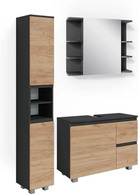 Vicco Badmöbelset J-Shape in Anthrazit und Eiche, modernes 3-teiliges Badezimmer-Set mit Hochschrank, Spiegelschrank und Waschtischunterschrank - Bild 2