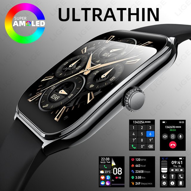 LIGE Smartwatch für Herren in Schwarz mit 1,96 Zoll AMOLED HD Display, Anruf-Erinnerung, kompatibel mit Android und iOS - Bild 1