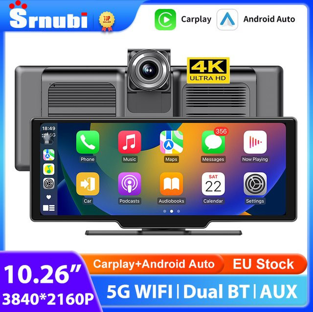 Srnubi 4K Dash Cam mit 10,26 Zoll Display, Wireless CarPlay und Android Auto, GPS Navigation, Nachtsicht, Bluetooth, AUX, Schwarz - Bild 1