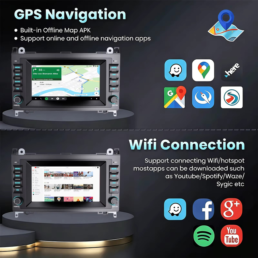 ESSGOO 7-Zoll Android 15 Autoradio für Mercedes-Benz A-Klasse W169, B-Klasse W245 und Vito W639 (2004-2012) mit 4+64GB, kabellosem CarPlay, Android Auto, GPS, WLAN und Mirror Link in Schwarz - Bild 2