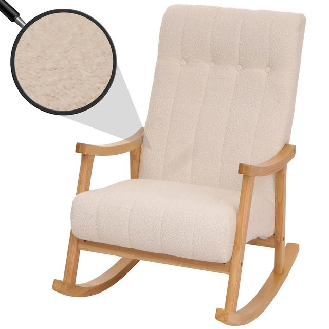 Schaukelstuhl MCW-K10 Relaxsessel mit Bouclé-Stoffbezug in Beige und Naturholz-Gestell - Bild 1