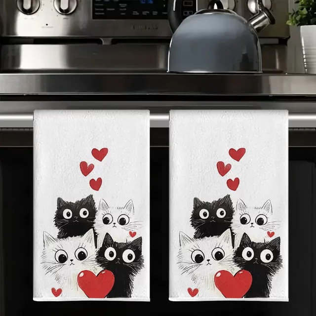 Saugfähiges Küchenhandtuch mit Herz-Katzen-Motiv in Schwarz-Weiß, B: 40 cm, H: 60 cm - Bild 1