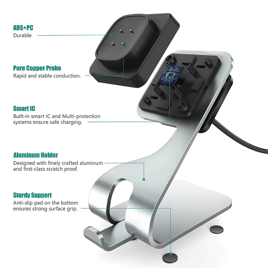 iHZCPRO Kabelloser Ladeständer aus Metall für Fitbit Sense 2, Versa 4 und Versa 3 mit 150 cm USB-Kabel in Grau und Silber - Bild 2