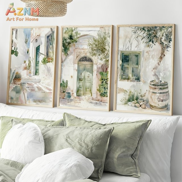 AZNM Aquarell-Leinwanddruck Mediterranes Dorf auf der Straße, Boho-Wandkunst im griechisch-italienischen Küstenstil, mehrfarbig, rechteckig - Bild 1