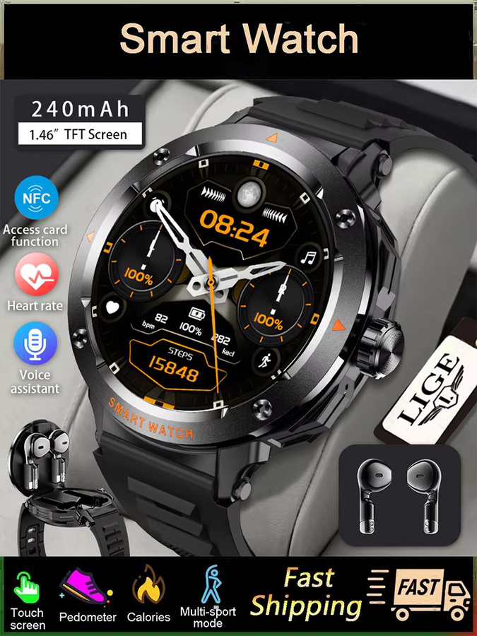 LIGE D13 2-in-1 Smartwatch mit TWS HiFi Stereo Wireless Headset Combo, 1,46 Zoll Display, Bluetooth Telefonfunktion für Android und iOS, Schwarz/Grau - Bild 6