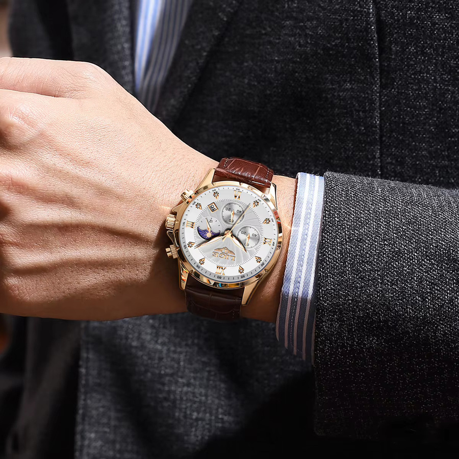 LIGE Armbanduhr Chronograph, Quarz, Leder, Blau, Roségold, Herren - Bild 5