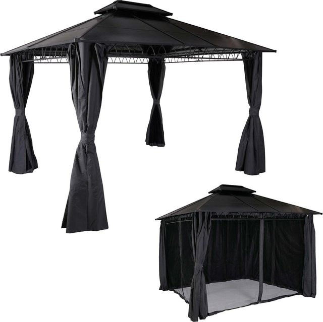 MCW Hardtop Pergola M81 Pavillon mit Seitenwand und Moskitonetz aus Stahl und Aluminium, Grau, B: 360 cm, T: 300 cm, H: 250 cm - Bild 1