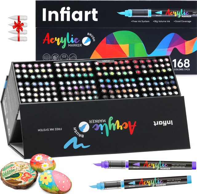 Kolorowys Acryl-Farbmarker Set mit weicher Pinselspitze und faltbarer Dreiecksaufbewahrung in Multicolour für Felsmalerei, Glas, Stein, Leinwand und Keramik - Bild 1