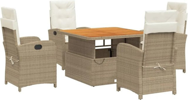 vidaXL 5-teilige Garten-Essgruppe aus Poly-Rattan und massivem Akazienholz in Beige und Braun mit Kissen für Garten, Hinterhof oder Terrasse - Bild 1