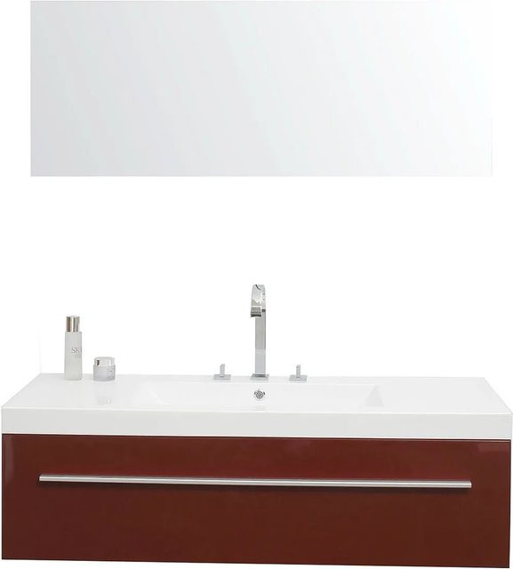 Jet-Line Badset Bern Modernes Badezimmer-Set in Rot Hochglanz mit Spiegel, Waschbecken aus Mineralguss und Wasserhahn, Breite: 119 cm, Tiefe: 47 cm, Höhe: 37 cm - Bild 1