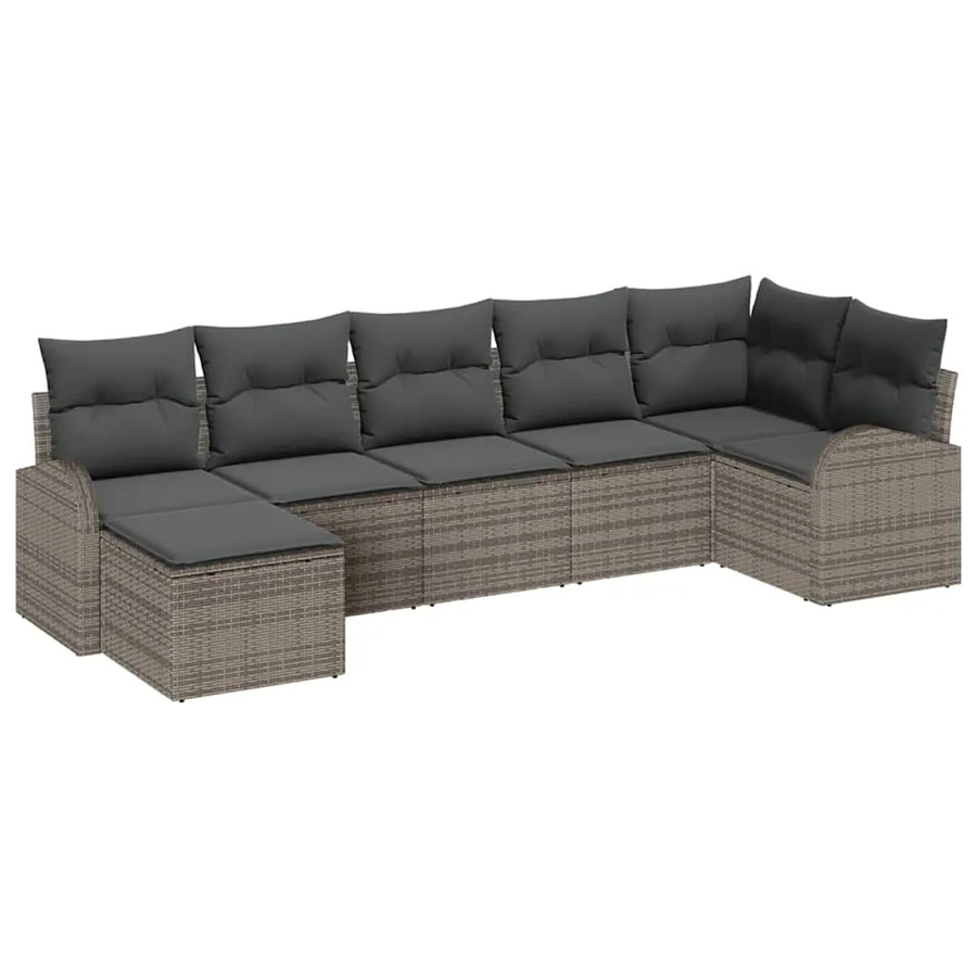 vidaXL Garten-Sofa-Set aus Polyrattan in Grau, 7-teiliges L-Shape Lounge-Set mit Kissen und Ottoman für Garten, Balkon und Terrasse - Bild 2