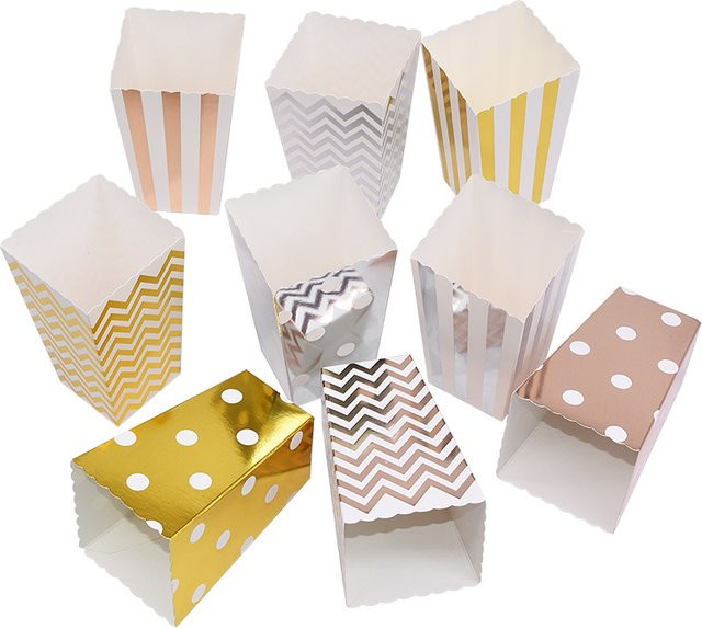 Popcorn Boxen aus Papier für Süßigkeiten und Snacks in Rose Gold und Silber mit Wellen- und Punktmuster für Hochzeiten, Geburtstage und Partys - Bild 1