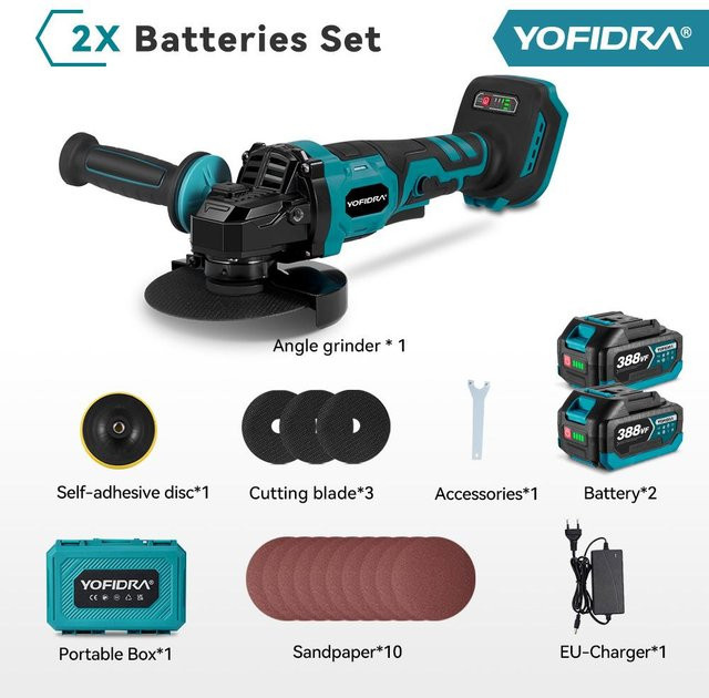 YOFIDRA Bürstenloser Winkelschleifer 1500W mit 125mm Scheibendurchmesser, 3 Gänge, Akku Schleifmaschine für Makita 18V Akku inklusive 2 Akkus - Bild 1