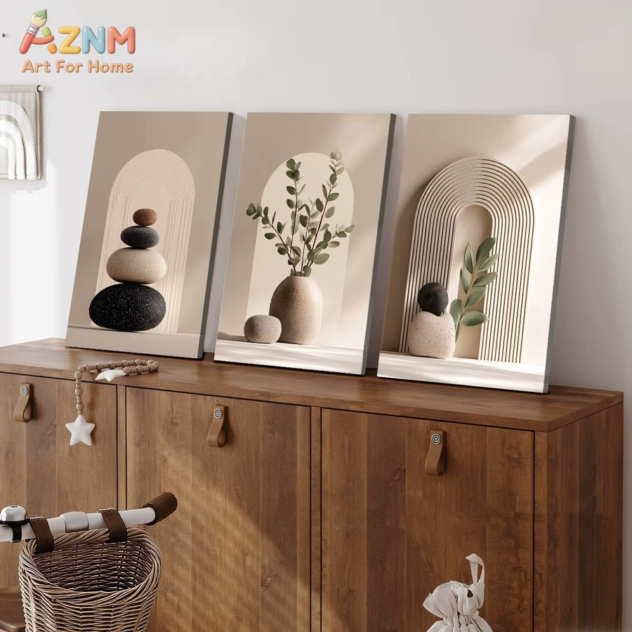 AZNM Boho Wandkunst Leinwanddruck mit Eukalyptus und Steinstapel in Beige, minimalistische botanische Wabi-Sabi Ästhetik - Bild 4