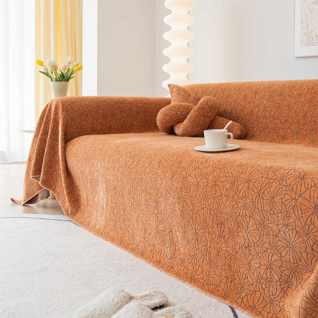 Wasserdichter und katzenkratzfester Sofaüberwurf aus Chenille in Orange, B/T: 380 x 180 cm - Bild 1