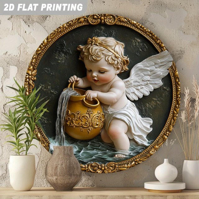 HELLOYOUNG Vintage Angel Aluminiumschild Rund, Wandkunst in Multicolour, Durchmesser: 20,3 cm - Bild 1