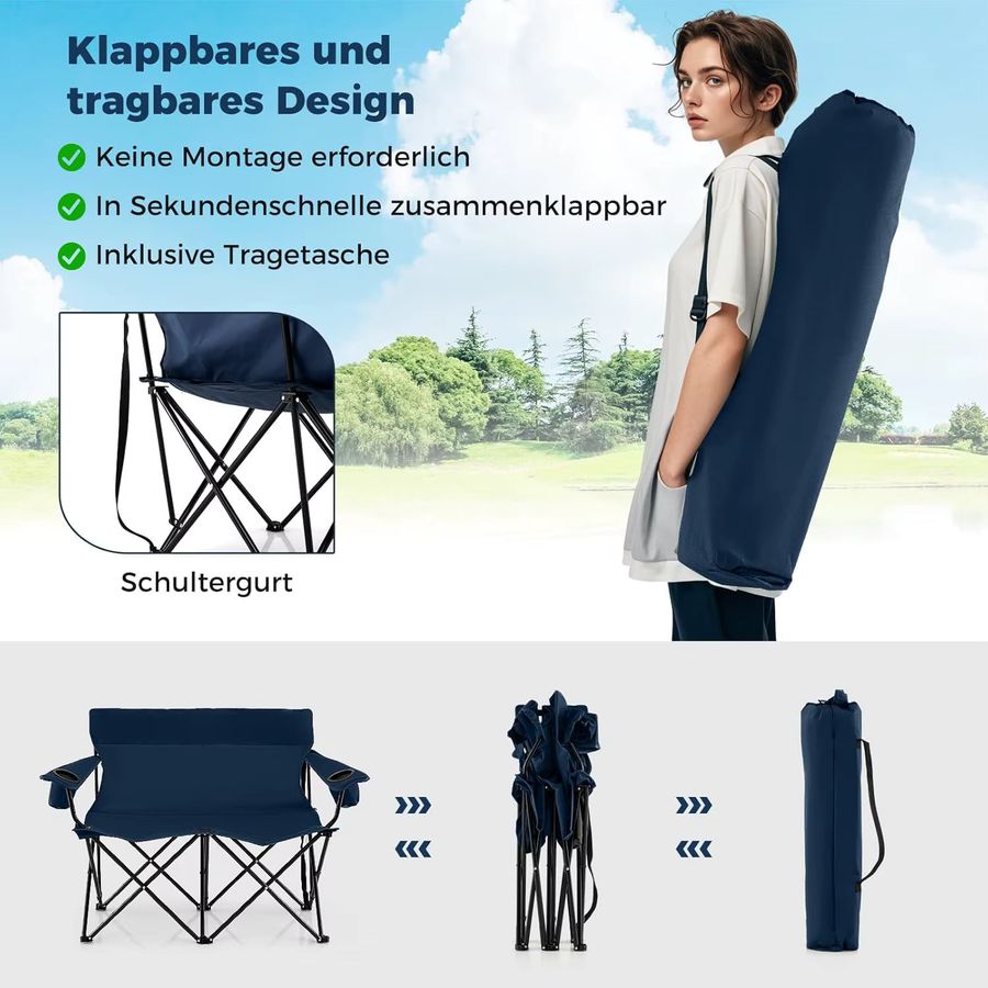 GOFLAME Campingstuhl für 2 Personen, klappbares Campingsofa mit Getränkehaltern und Armlehnen, Blau - Bild 3